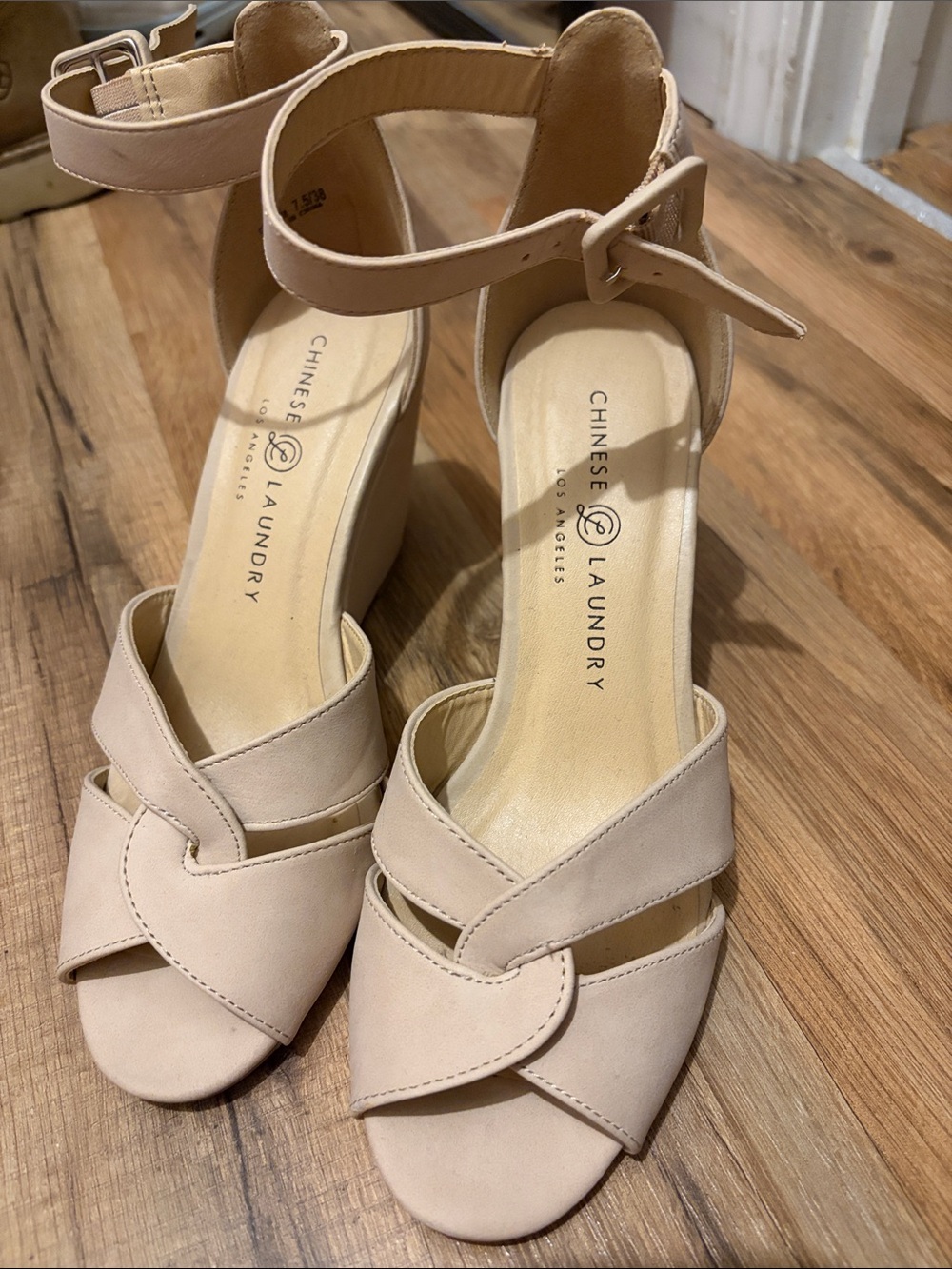 Chinese Laundry Nude Crisscross Ankle-Strap Block Heels